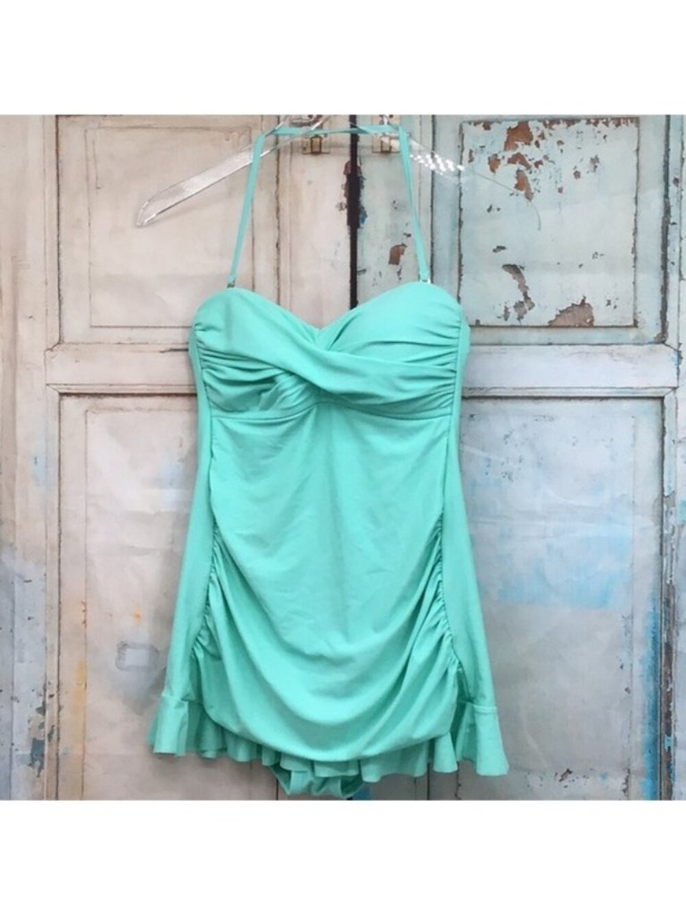 Kenneth Cole Reaction Aqua Strapless Swimdress Ruched Ruffle Hem Size 4